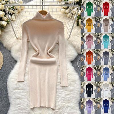 Damen Schlankes Kleid mit hohem Halsausschnitt, modische Taille, langärmelig, gestrickt, Hüftbedeckung, langes Kleid