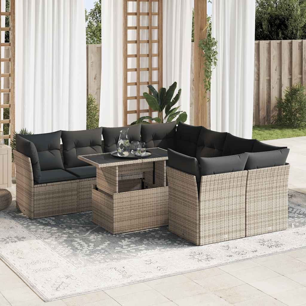 Vidaxl 9-Cz. Garden Furniture Set With Cushions, Grey, Poly Rattan