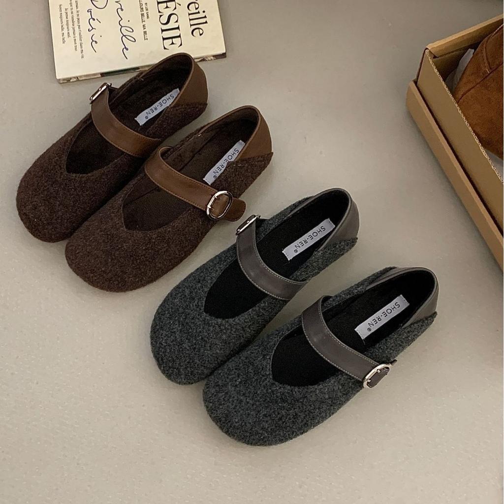 2025 autumn and winter new round head woolen one-word with shallow mouth velvet Doudou commuter work women's single shoes