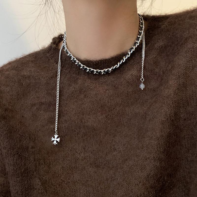 Korea personalized design cross leather winding necklace metal cold wind collarbone chain necklace