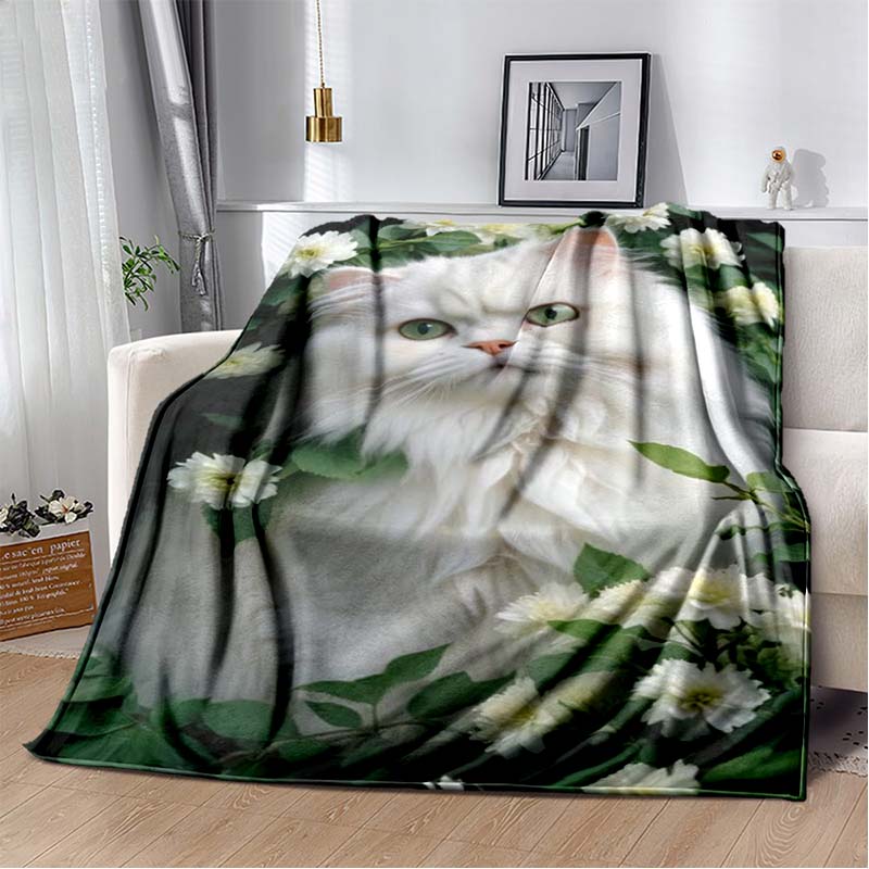

Purple Cat with Flowers Print Fleece Blanket, Warm Throw Blanket for Sofa, Bed, Office, Gift Idea 80cm x 120cm