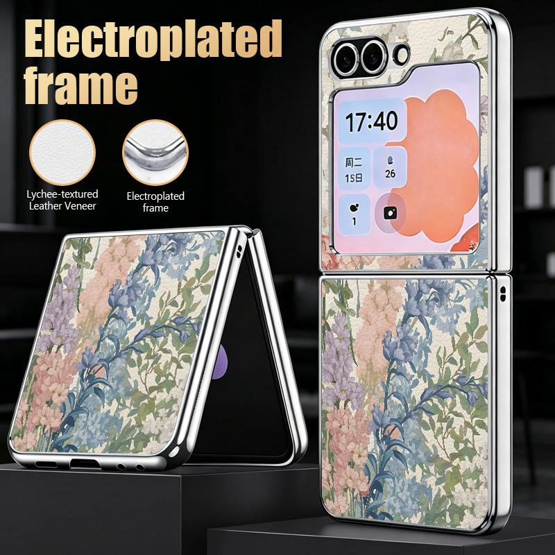 Retro Watercolor Flower Print Case For Samsung Z Flip 8 7 6 5 Luxury Plating Leather Skin Folding Phone Cover For Galaxy Z Flip8 Flip7 Flip6