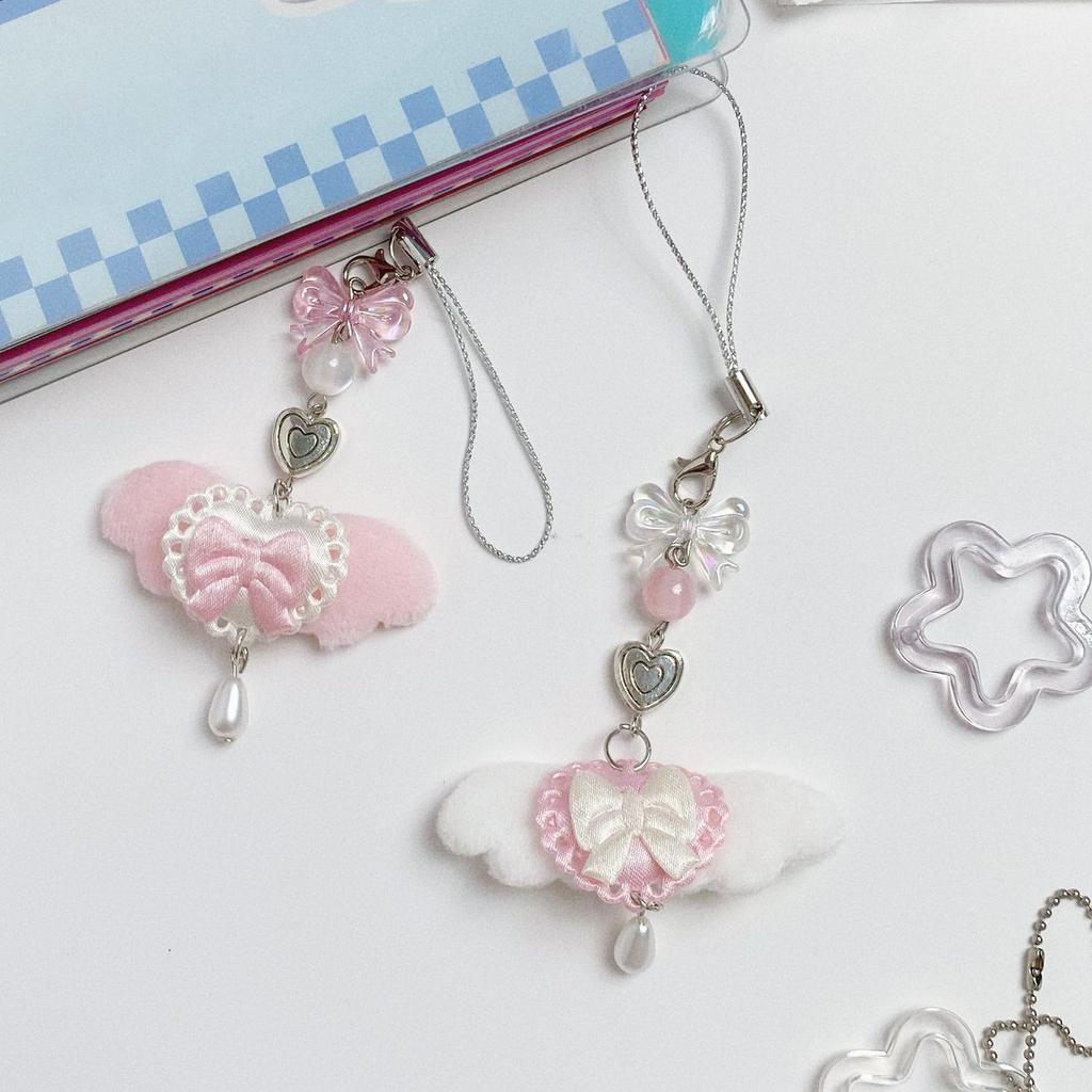 Cute Pink Fur Angel Wing Phone Strap Keychain With Bow Charm Unique Bag Decoration For Girls Lolita Style Accessories