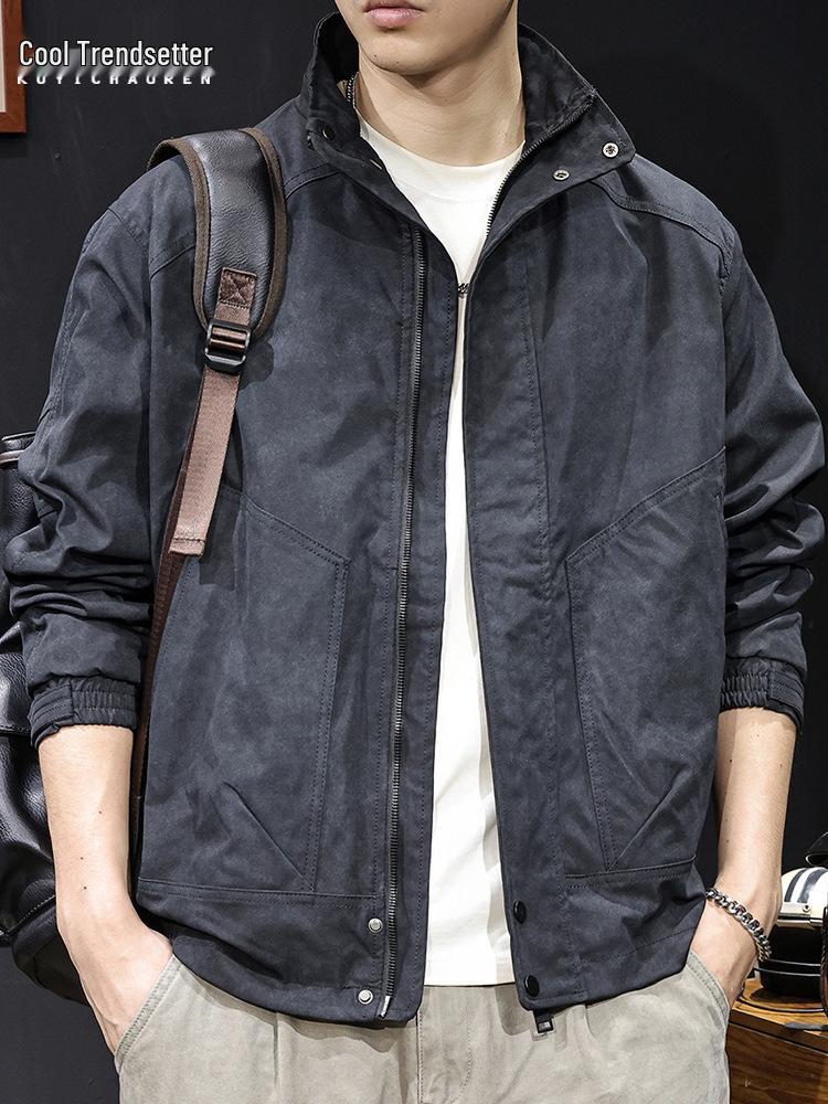 Men s Retro Tie-Dye Workwear Jacket, Stand Collar, Plus Size, Trendy Casual Coat for Autumn 2025. 4XL (200-220 jin)