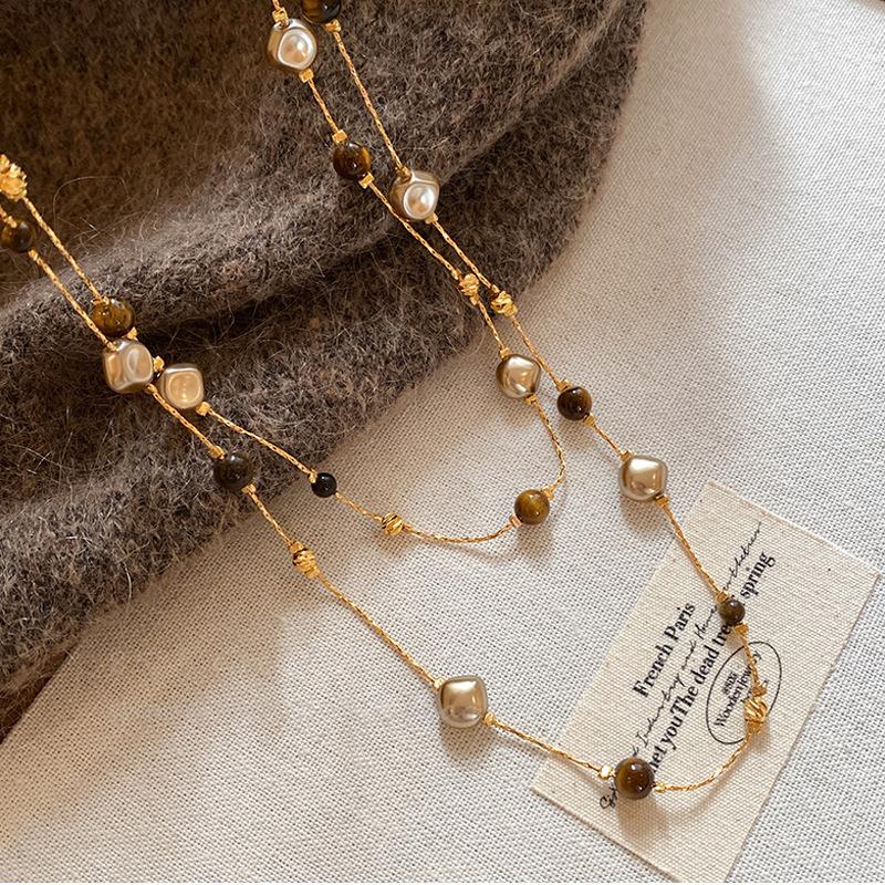 Autumn And Winter Long Tiger Eye Stone Pearl Beads Long Sweater Chain For Women'S Popular Necklace  Jewelry Accessories