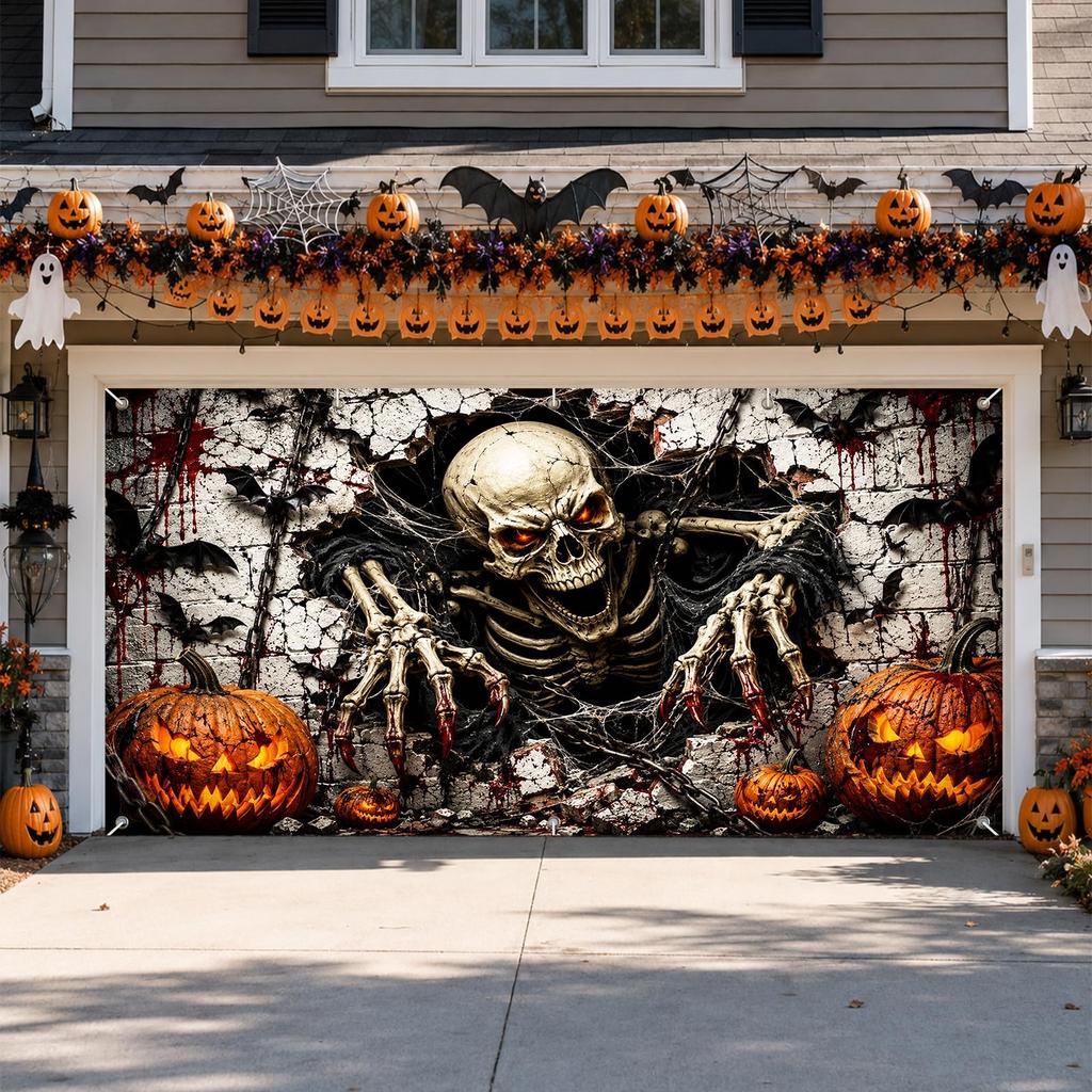 Halloween Garage Door Cover 13x6ft Skeleton Pumpkin Horror Banner