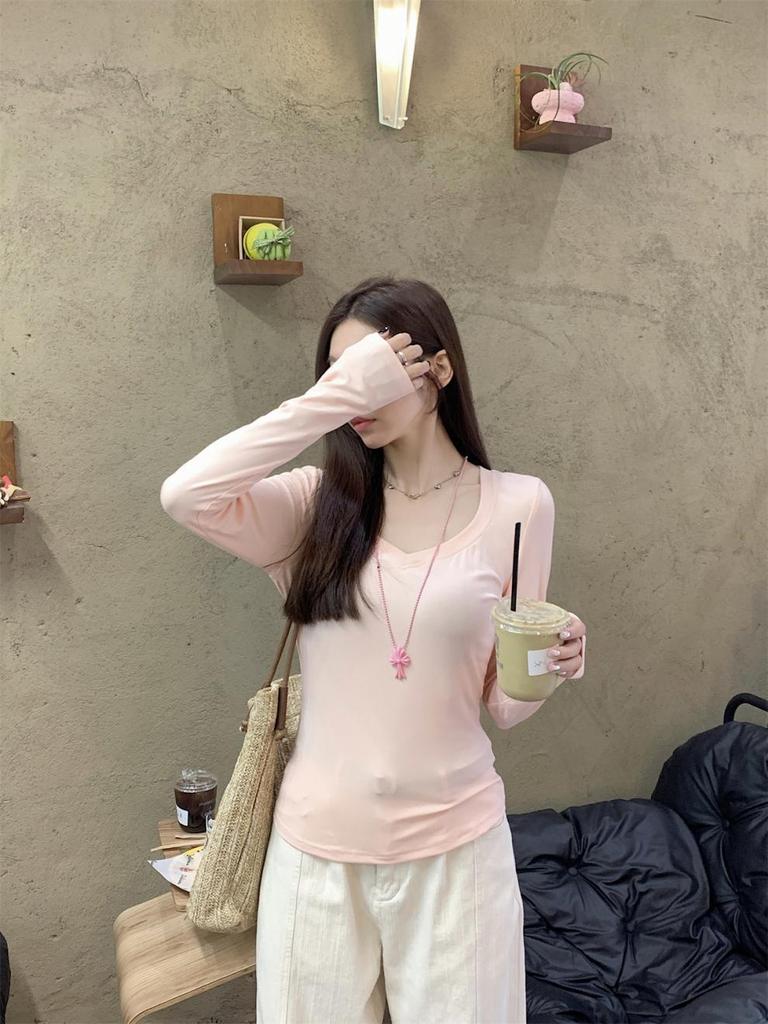 Autumn Korean Grey V-Neck Slim-Fit Cotton Long-Sleeve Women's T-Shirt