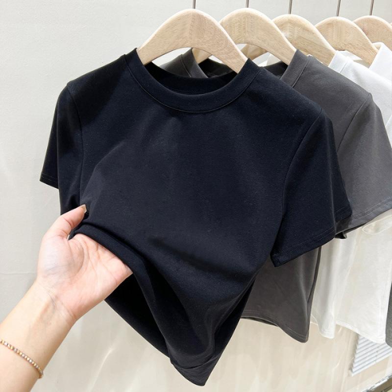 Summer Solid Color Spice Girl White Short-sleeved T-shirt Women's Korean Version Versatile Slim-fitting and Thin Round Neck Tight Bottoming Shirt