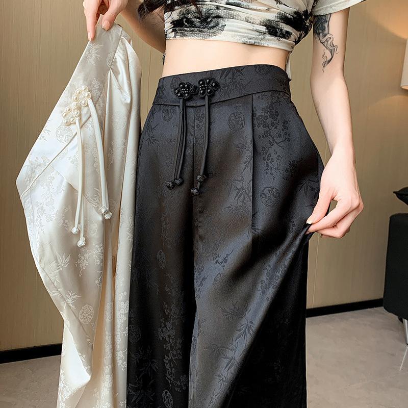 

Chinese-style faux satin jacquard wide-leg pants for women, 2026 new design, niche high-waisted slimming casual floor-length trousers XL Suggestions110-120Jin чорний