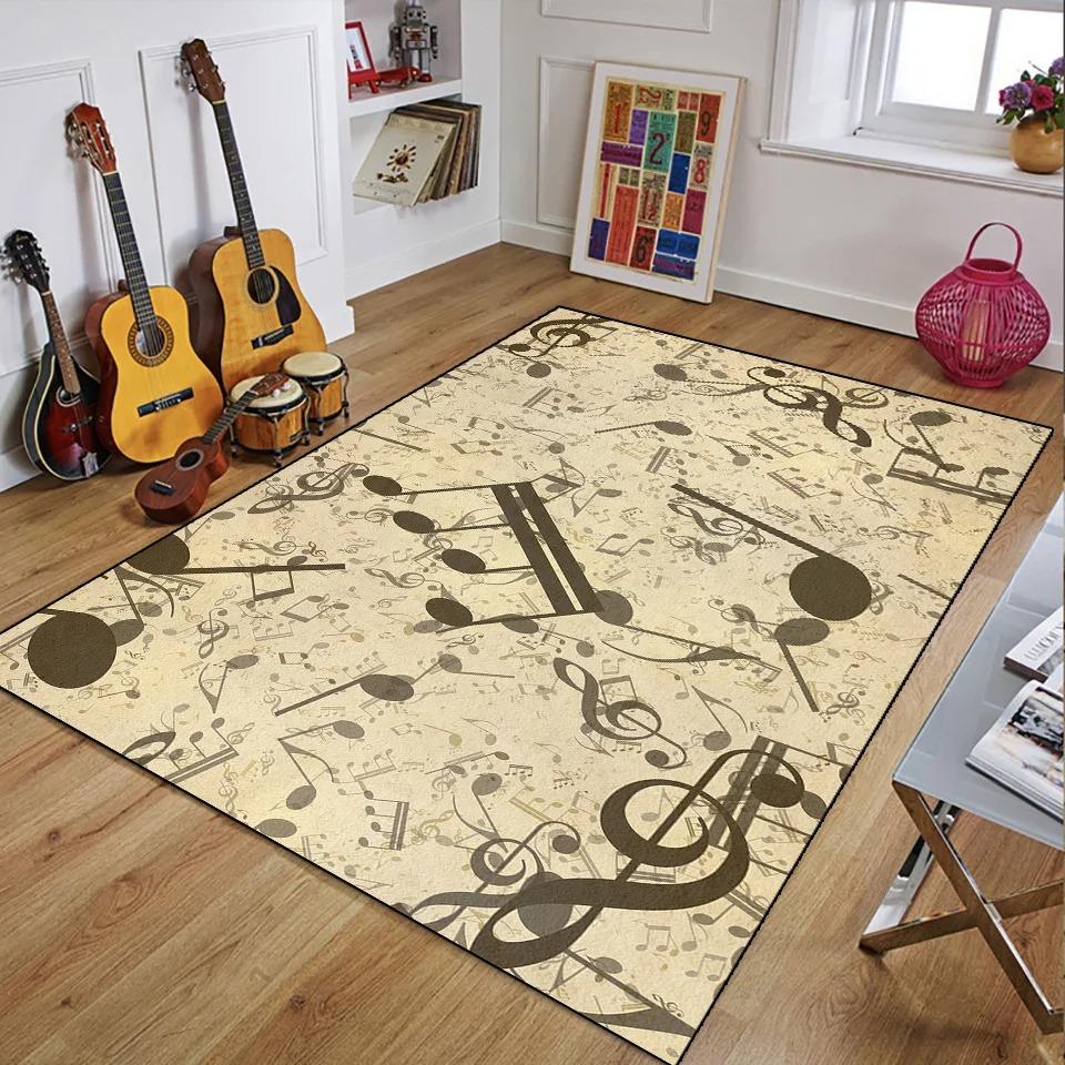 Retro Music Theme Area Rug with Cassette Jazz Guitar Rock Patterns Absorbent Floor Mat for Living Room Bedroom Home Decor