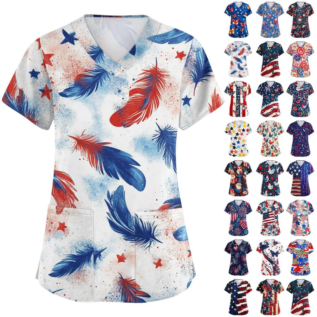 Happy Valentine's Day Women's Fashion V-neck Short Sleeve Workwear With Pockets Tops