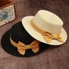 Beach Straw Hat Flat Top Wide Brim Sun Protection Hat with Striped Print Ribbon Bow Hand-Woven Breathable Summer Hat