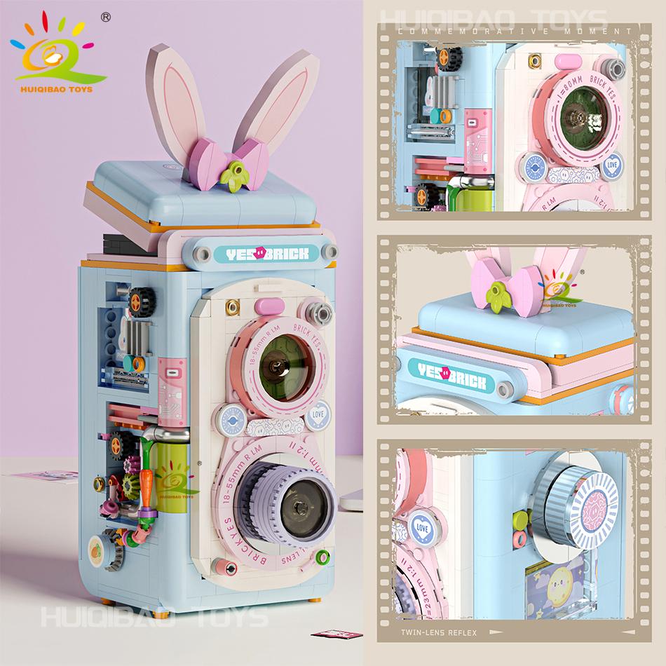Moc Não Tóxico Vintage Coelho Cor de Doce Máquina de Câmera Mini Modelo Blocos de Construção Diy Micro Ornamento Tijolos Brinquedos Presente para Adulto