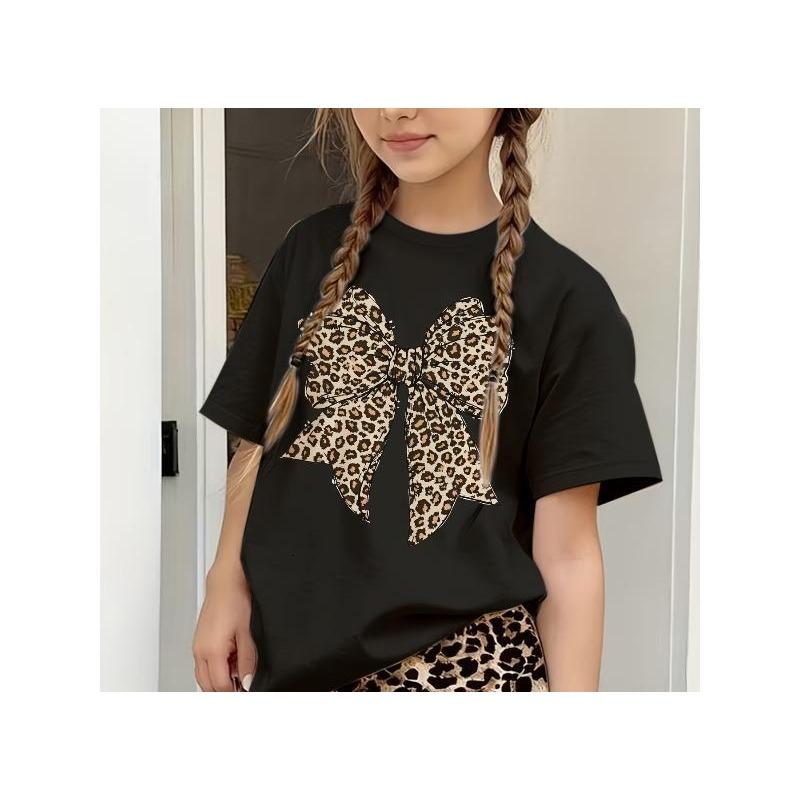 

European sizes A Short-Sleeved T-Shirt for Girls Featuring Retro Leopard Print And Bow Design, Made from Soft And Comfy Fabric 98cm чёрный