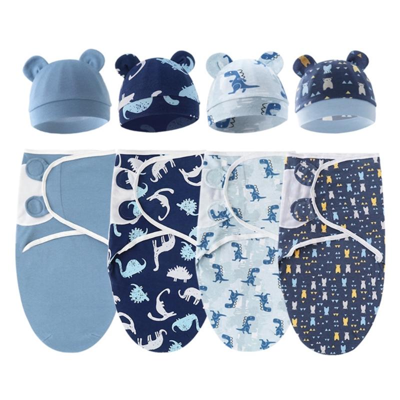 4 Set Baby Swaddles Wrap Blanket with Bonnet Hat Sleeping Bag Anti Kick Blanket Swaddles for Toddler 0-12 Months