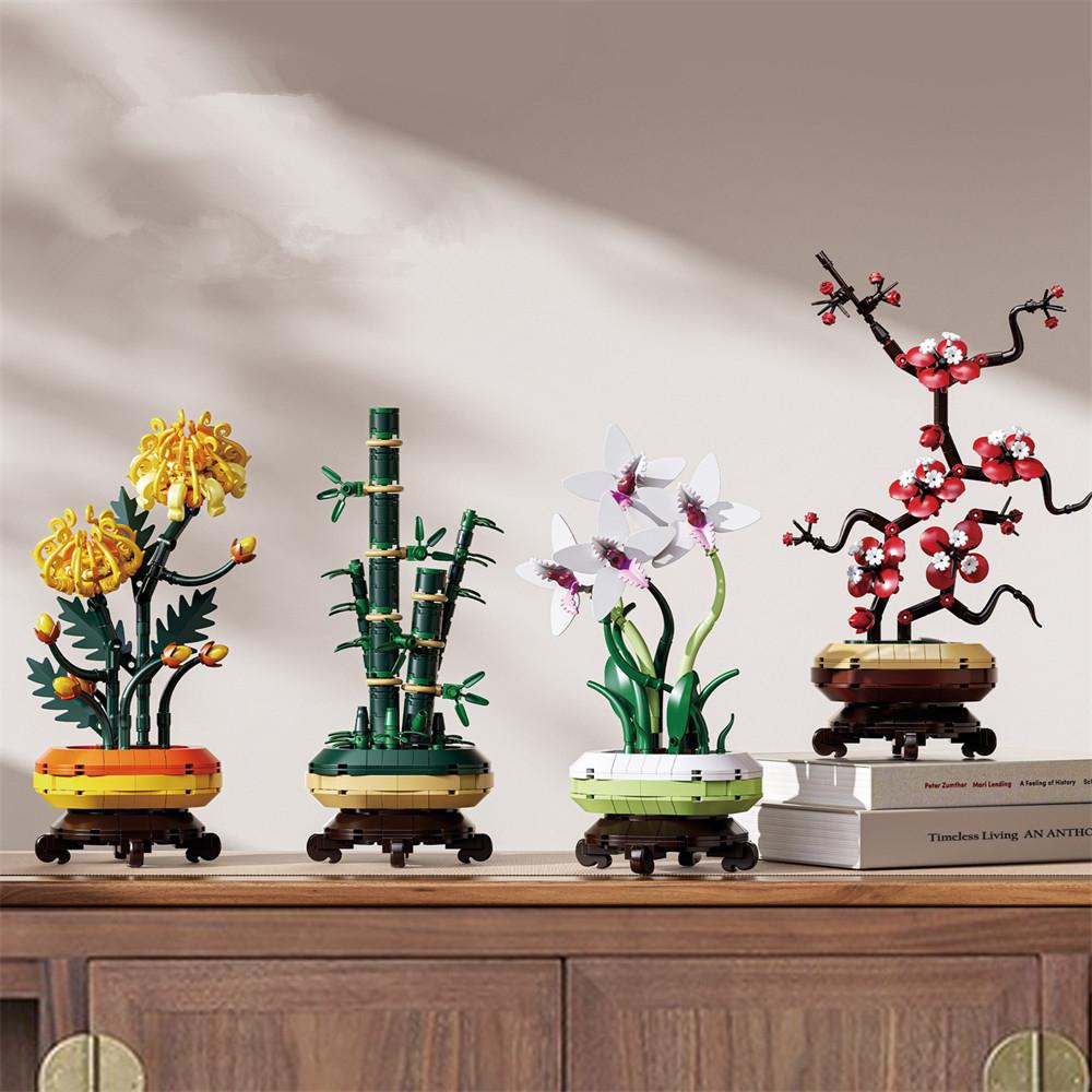 Blumenstrauß Pflaumenblüte Chrysantheme Bambus Topfpflanzenmodell Heimdekoration Bausteine Ziegelsteine Kinderspielzeug