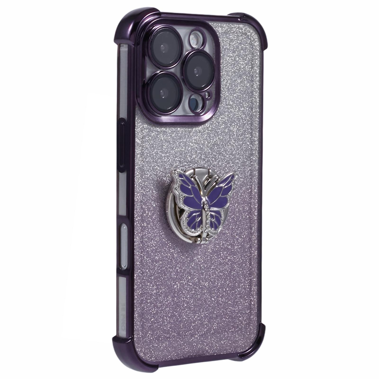 

For iPhone 16 Pro Case Butterfly Kickstand Glitter TPU Shockproof Phone Cover Purple