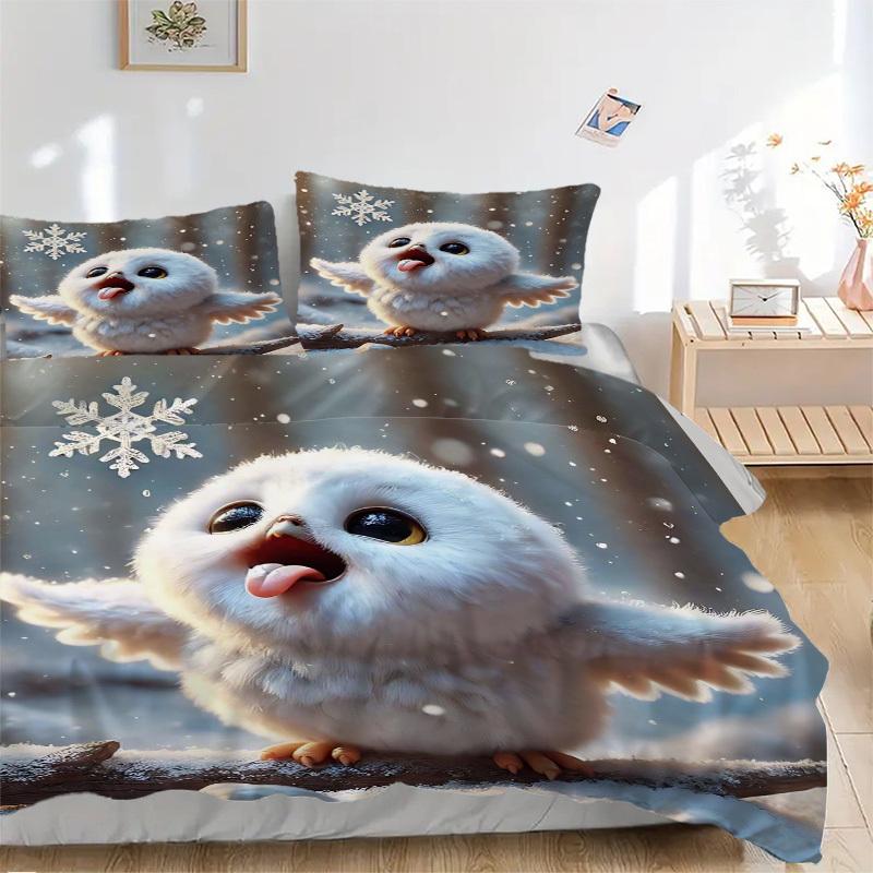 3-teiliges Winter Wonderland Schneeeule Bettwäsche-Set - Enthält einen Bettbezug und zwei Kissenbezüge (Kein Kern) - Festliches Geschenk für Schlafzimmerdeko - Pol