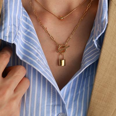 European and American Personality Trend OT Buckle Two Wear Lock Head Steel Ball Pendant Collarbone Chain Double Stack Wear Necklace Titanium