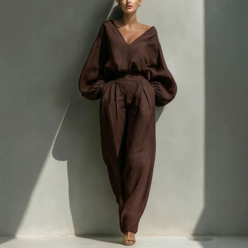 2026 Womens Loose Long Sleeve Cotton Linen Set - Vintage Chic Pants Suit In Ivory Red Brown Gray Green