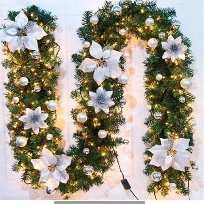 2.7m Green Christmas LED Garland PVC Artificial Tree Banner & Wreath Decorative for Holiday Home Decor