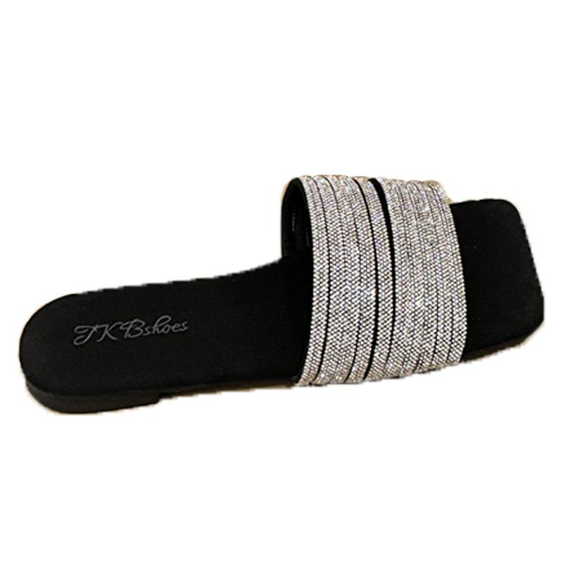 Flash square head flat bottom one-character cool slippers beach shoes cool slippers women's rhinestone one-word outer wear summer