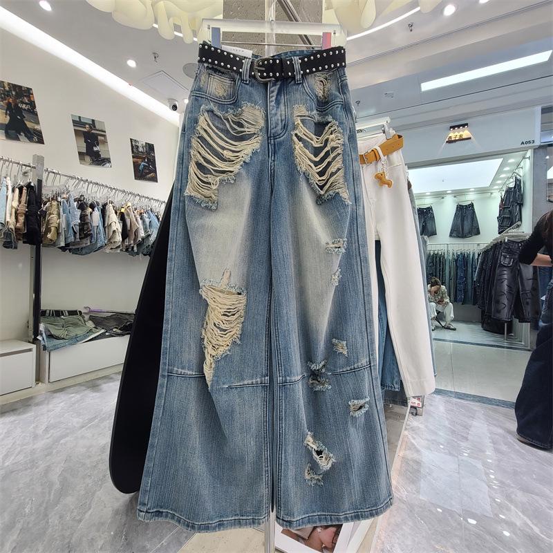 

Spring Women s Brushed Ripped Wide-Leg Jeans - Loose, Comfortable, Versatile, Baggy Floor-Length Pants Extra Large