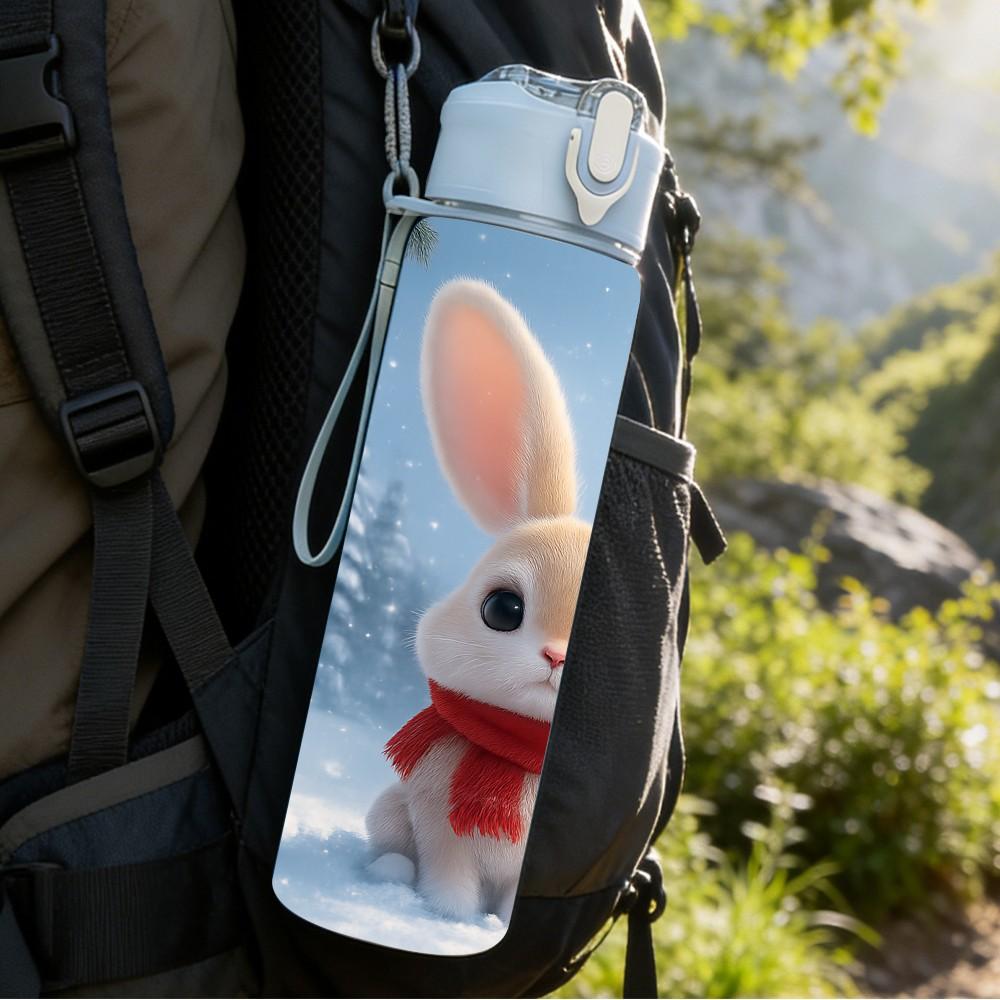 1PC White Rabbit Red Scarf Winter Print 750ml Color Plastic Sports Water Bottle Leakproof Flip Straw Lid Suitable for Sports Office Home Use
