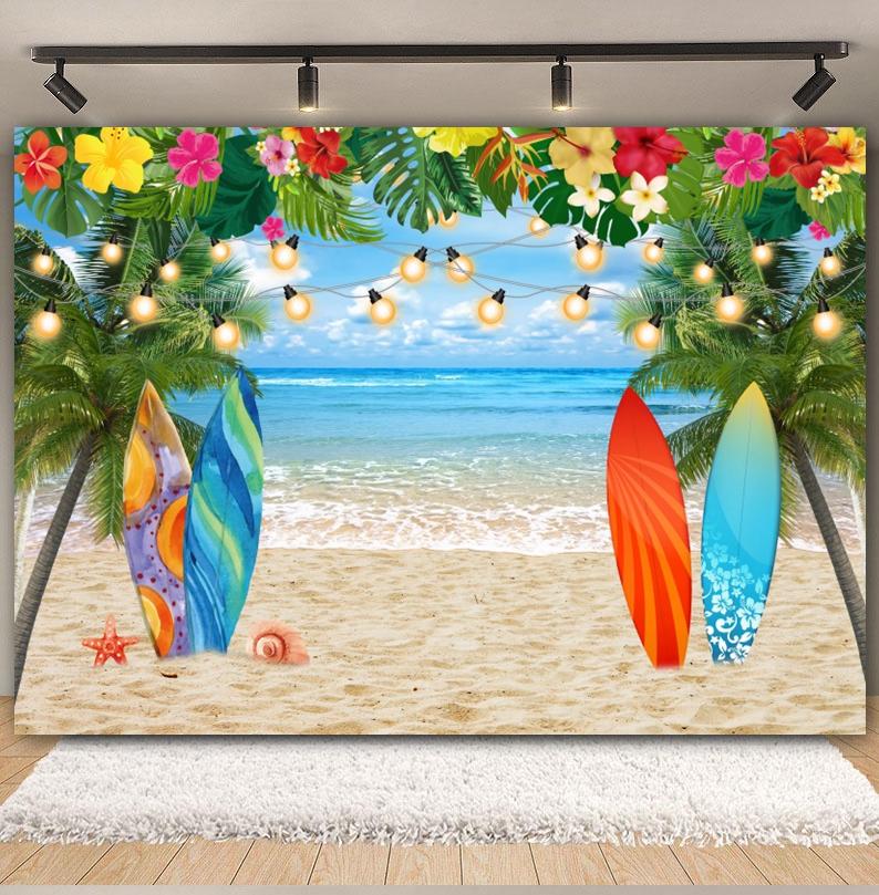Tropischer Strand Hintergrund für Fotografie Sommer Hawaii Blaues Ozeanwasser Meeresufer Palme Kinder Feiertagsparty Foto Hintergrund Dekoration