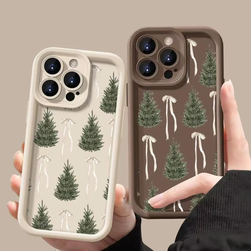 Phone Case For iPhone 17 Pro Max 16E 15 14 13 12 11 XS X XR 7 8 Plus Air Joyful Christmas Tree Bow Design Shockproof Cover