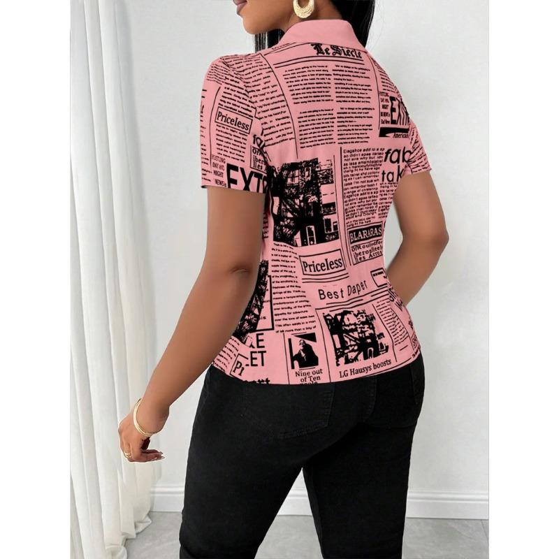 Women Summer Fashion Newspaper Print Button Down V Neck Shirt Blouse