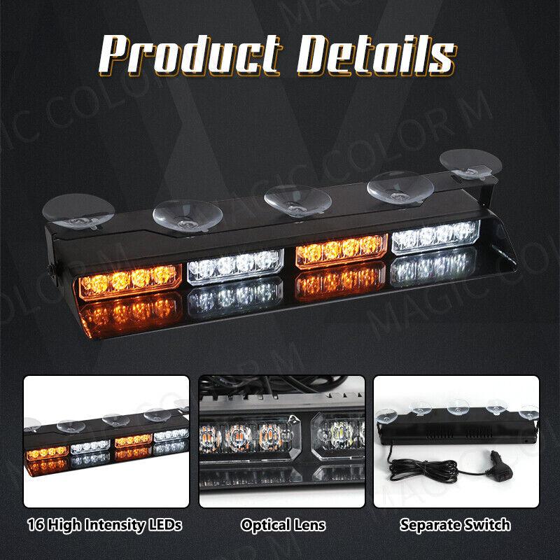 Emergency Dash Strobe Lights Safety Lights 16 LED Flashing Warning Hazard Windshield Visor Traffic Light Bars for Trucks
