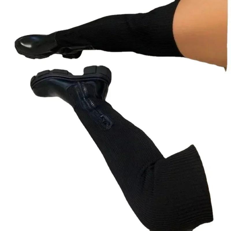 Damenmode Overknee-Stiefel Stretch Strick Winterstiefel Damenmode Plateau-Stiefel Splicing Damen Sockenstiefel Frau Lange Stiefel