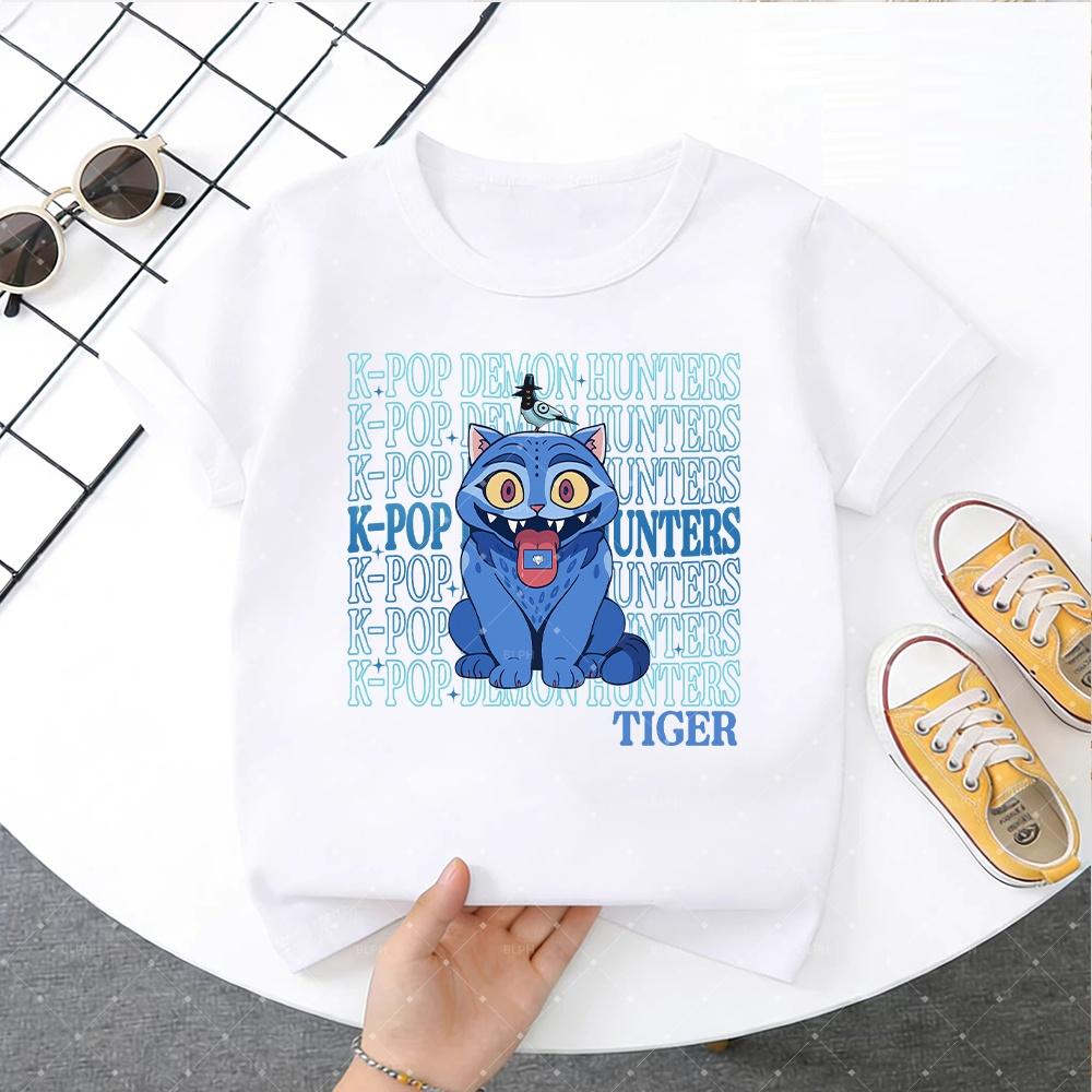 KPop Demon Hunter Cute Blue Cat with Bird Pattern Children's T-Shirt Fashionable Casual for Boys and Girls