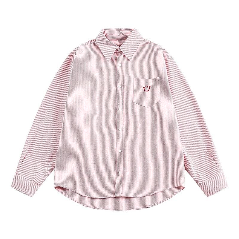 

Smiley Face Embroidered Striped Shirt Women s Top Loose Korean Style Coat Long-sleeved S рожевий