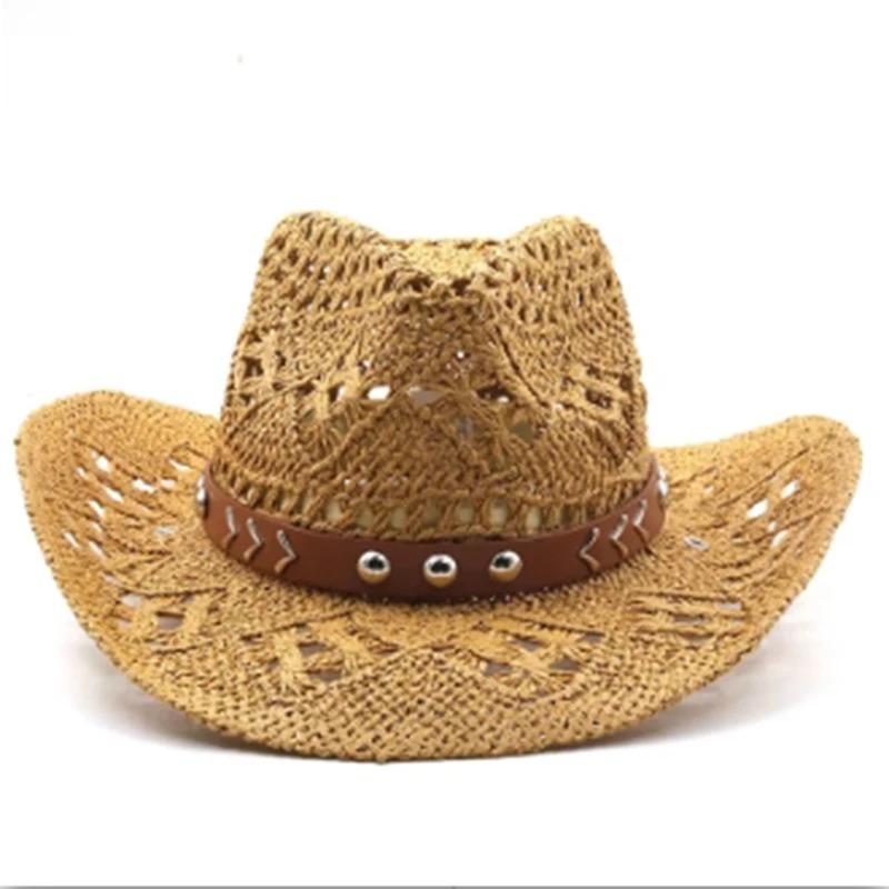 1Pc Summer Bohemian Shell Straw Hat Beach Women Men Cowboy Hats Wooden Beads Hollow Out Western Wide Brim Sun Hat Holiday Cap