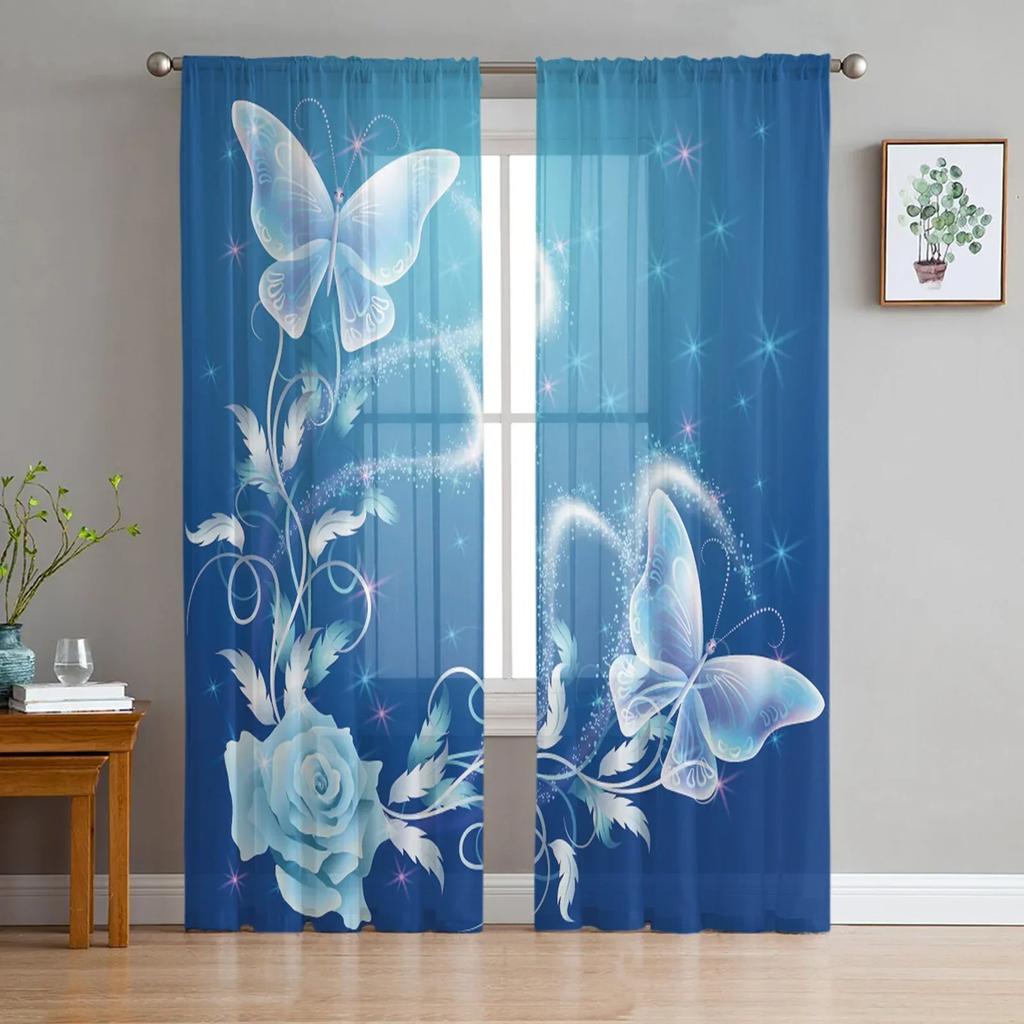 Flower Butterfly Blue Sheer Drapes Living Room Window Curtains For Bedroom Kitchen Home Decoration Curtain Panels