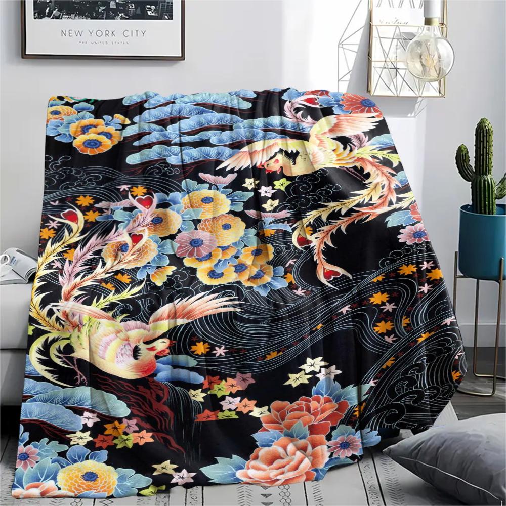 1Pc Goldfish Peacocks Print Flannel Blanket, High quality Comfortable for All Seasons, Home Decor, Warmth and Comfort, Perfect for Christmas Gifts
