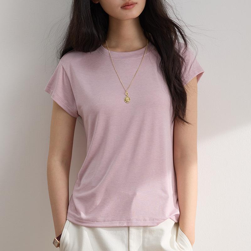 Lyocell women's round-neck t-shirt top, spring/summer 2026 new model, skin-friendly, breathable, slimming, short-sleeved