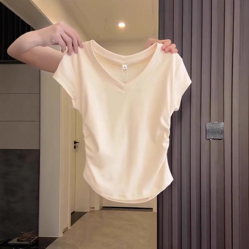 Women's Summer Slimming Pleated V-Neck Cropped T-Shirt, Pure Cotton, Short-Sleeved, Trendy 2026.