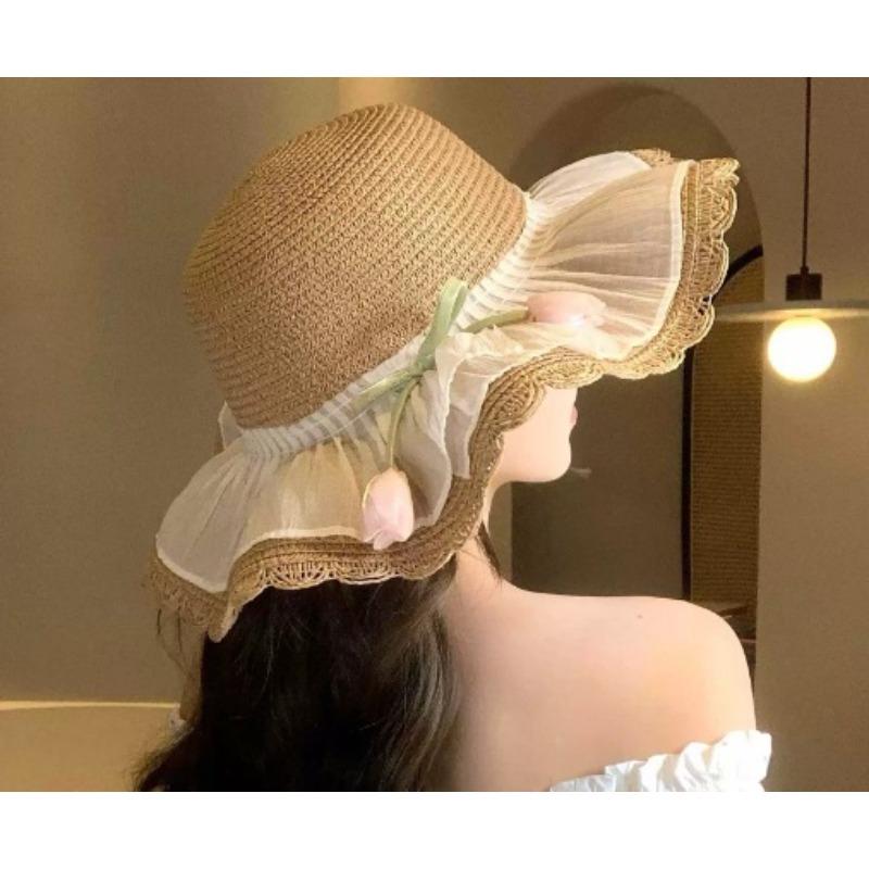 Big Brim Sun Hat Seaside Beach Idyllic Forest Bow Streamer Straw Hat Female Summer Flower Tulip