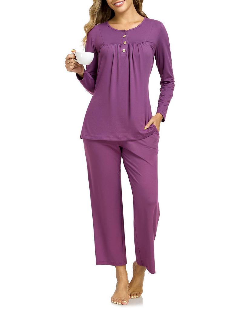 Women's Long Sleeve Pajama Set: 2-Piece with Pockets, Casual Homewear - Long Pants