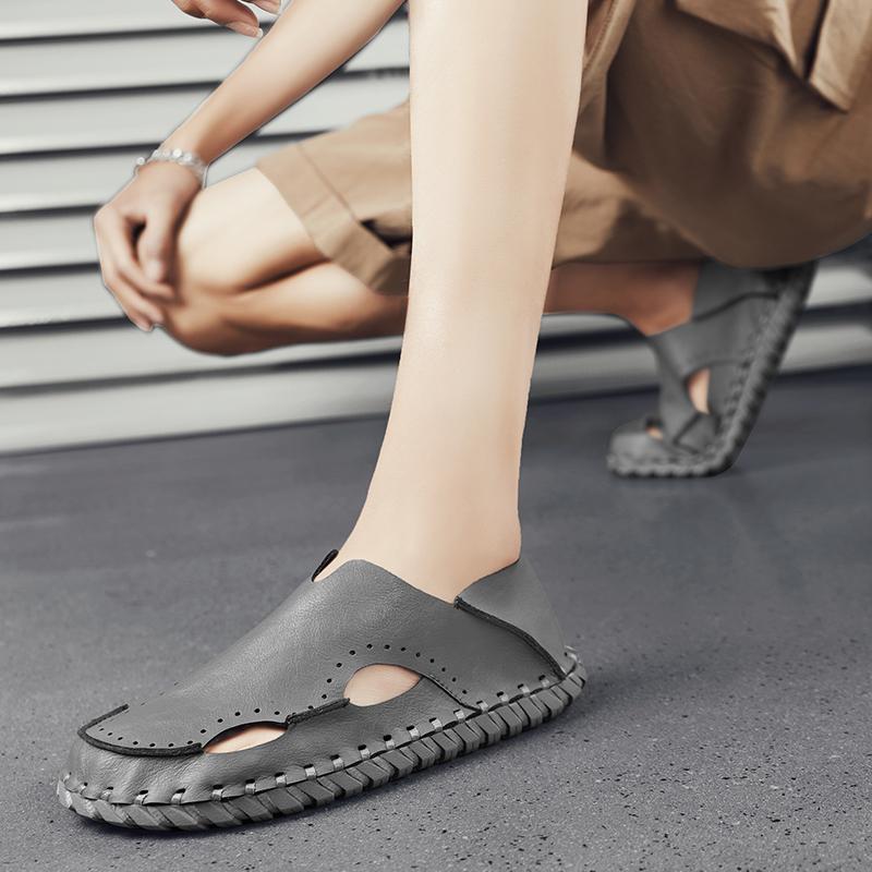 Handmade Genuine Leather Shoes Men Cool Summer Flats Men Breathable Outdoor Walking Shoes Handmade Slip On Male Antiskid Beach