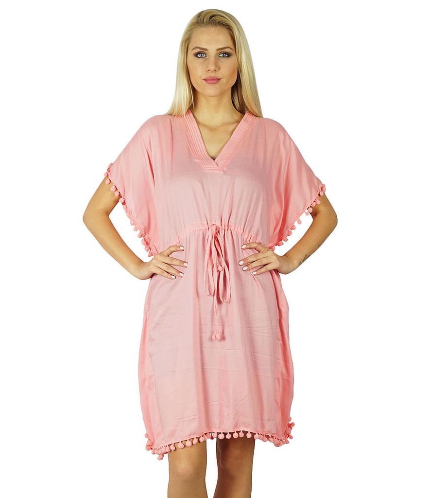 Bimba Women Cotton Kaftan With Pom Pom Tassels Short Caftan Beach Coverup