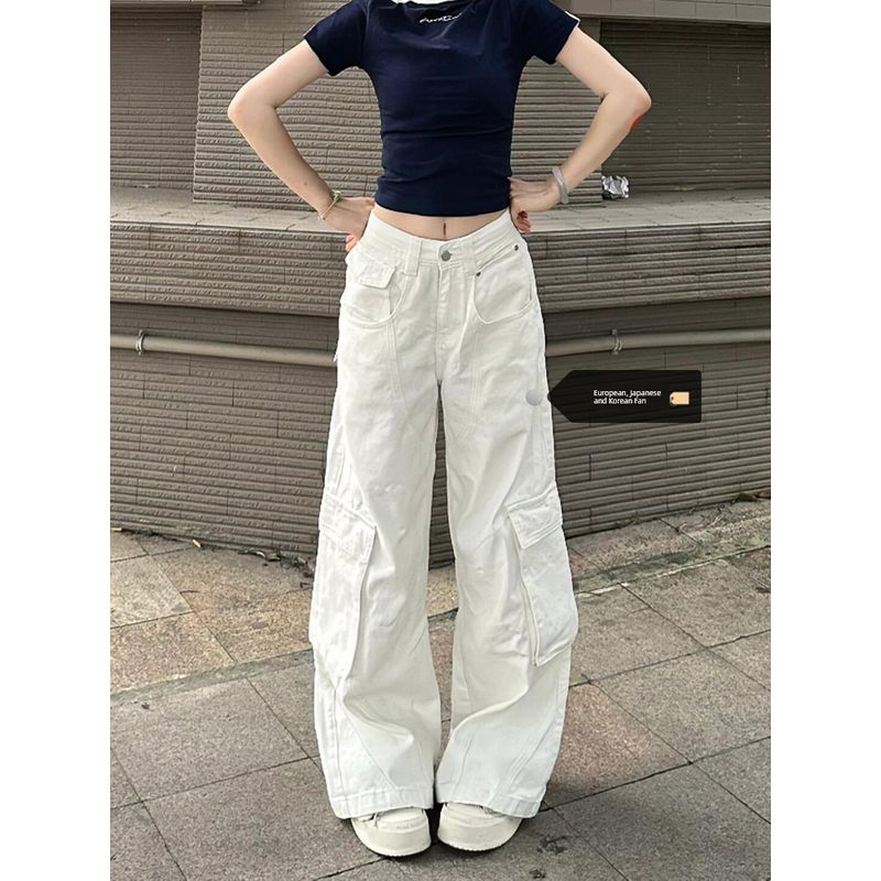 Plus size American High Street White Cargo Jeans Women Summer High Waist Straight Loose Drape Mop Wide Leg Pants