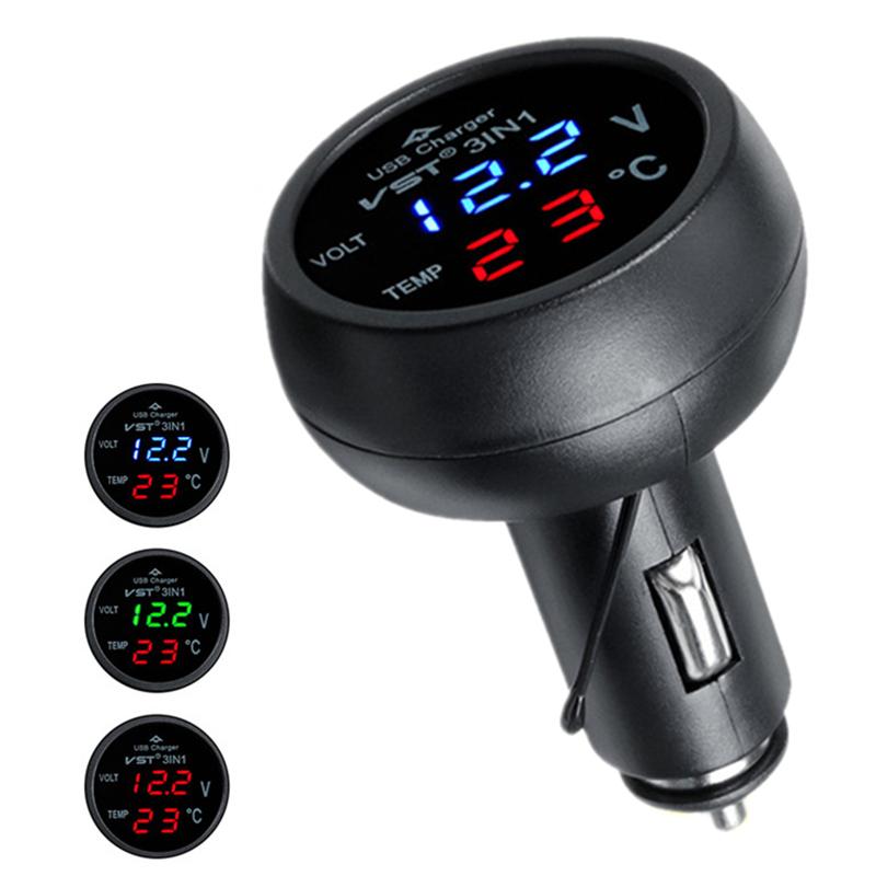 3 In 1 DC 12V/24V LED Digital Meter Display USB Car Charger Voltmeter Thermometer Car Battery Monitor LED Digital Dual Display