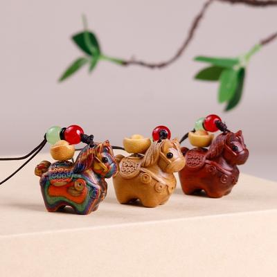 Mini Wooden Horse Keychain Chinese Style Woven Rope Green Sandalwood Phone Chain Make a Fortune Ornament Zodiac Horse Pendant