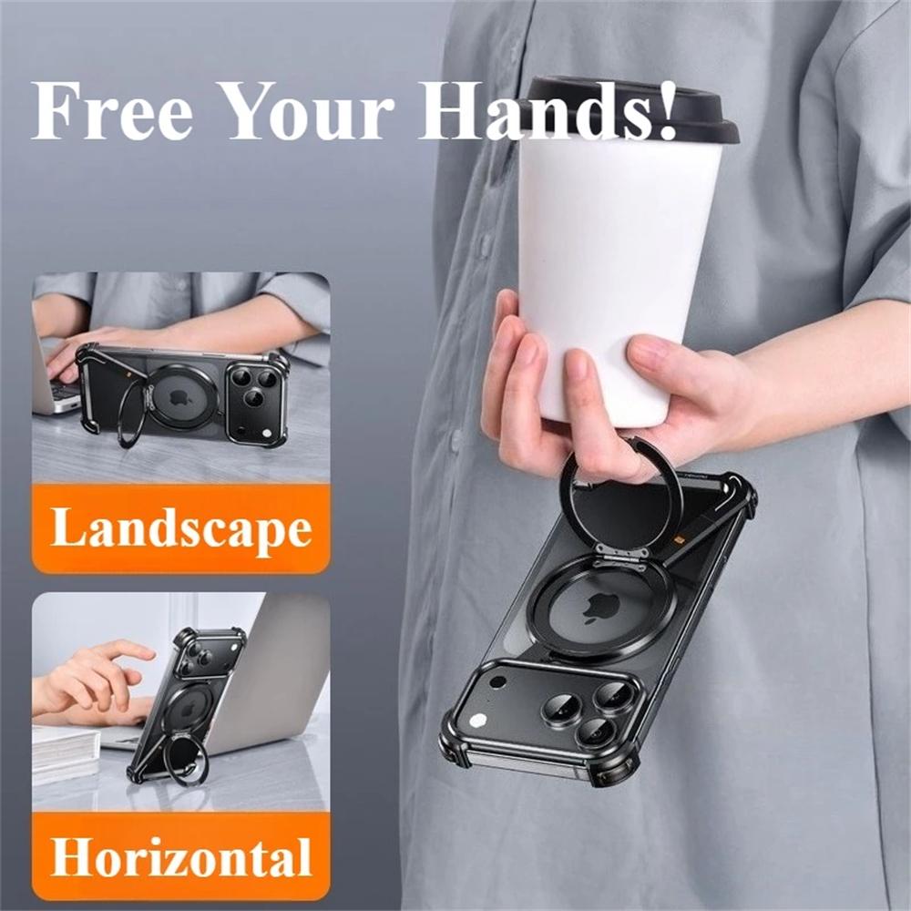 Luxury Frameless Metal Phone Case for iPhone 17 Air 16 15 Pro Max 360° Rotatable Stand Magsafe Magnetic Protective Shockproof Cover