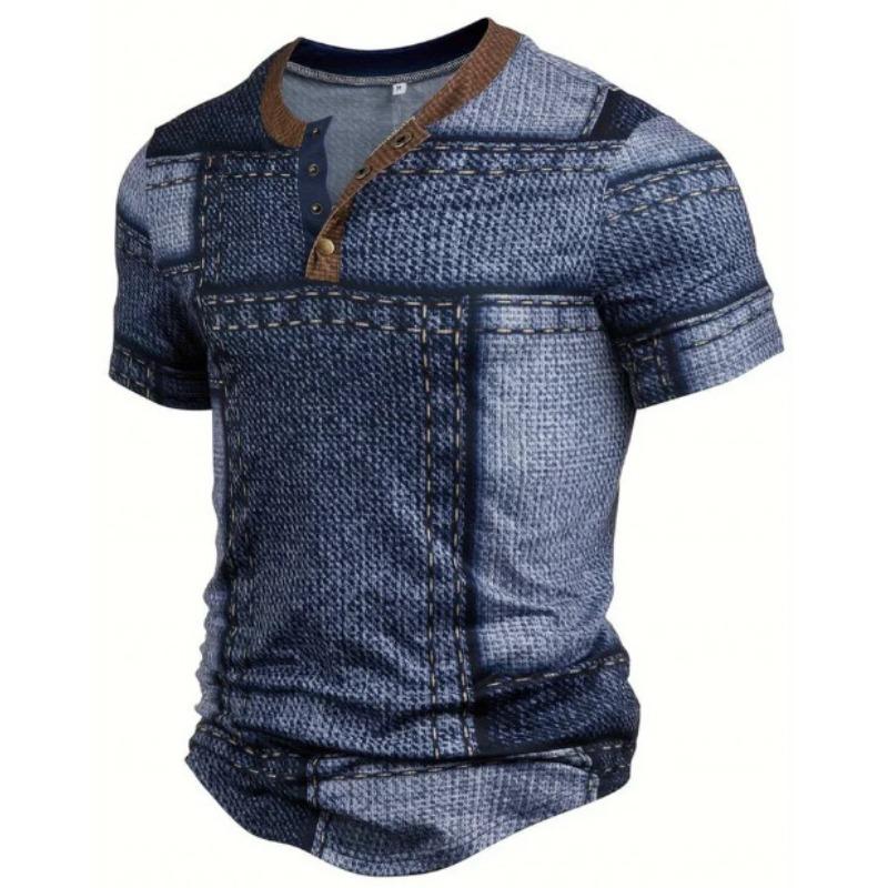 European and American semi-cardigan, casual short-sleeved digital printing slim-fit pullover Henry T-shirt top men's clothing