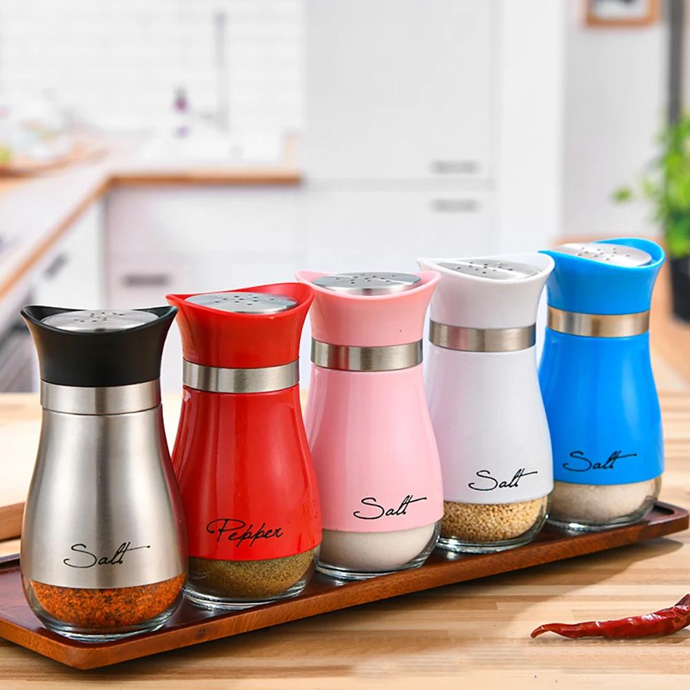 Cute Salt And Pepper Stainless Steel Glass Bottom Spice Dispenser Sea Salt Sugar Refillable Pepper Seasoning Cans Spice Jar